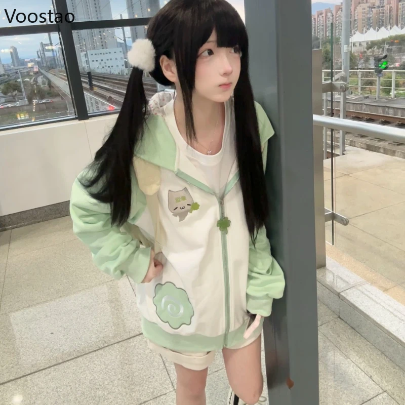 اليابانية Kawaii لوليتا سستة هوديس المرأة الحلو الدب آذان مقنعين معاطف الخريف الجرونج هودي Y2k التطريز فضفاض ​ ​ بلوزات