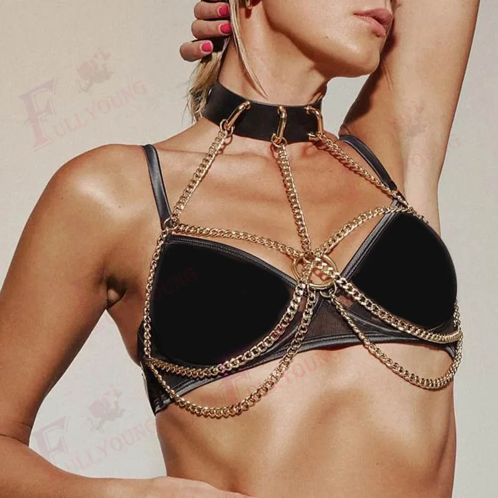 Fullyoung-arnés de lencería de cuero con cadena para mujer, sujetador abierto para el cuello, Bondage corporal, accesorios Punk exóticos, ropa