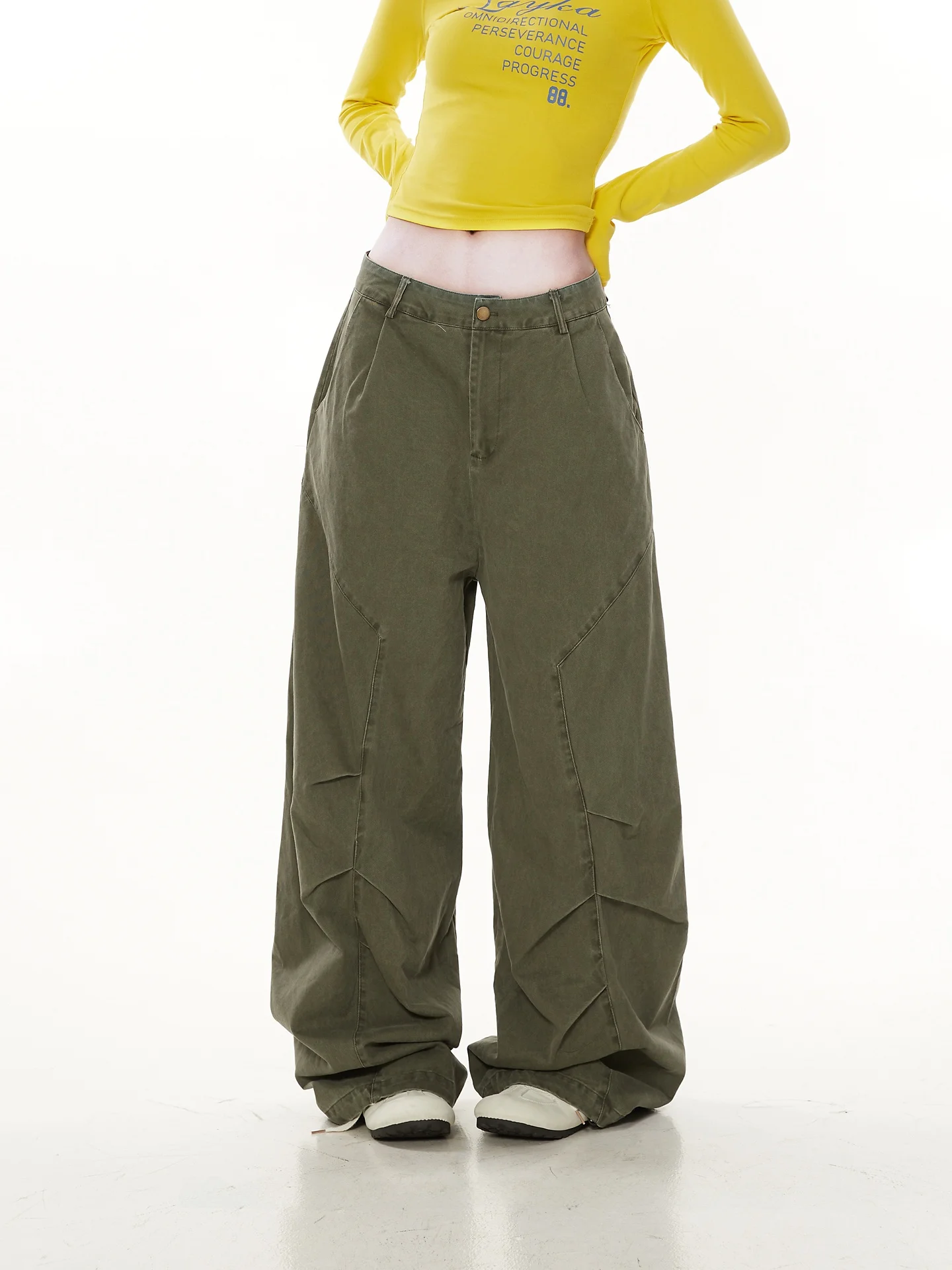 

American Style Streetwear Green Work Pants Women's Loose BF Lazy Style Wide Leg Trendy Trousers Casual Pleated Jeans