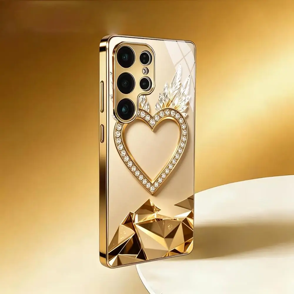 Elegant Rhinestone Heart Wing  Phone Case for Samsung Galaxy S24/ S24 Ultra/ S25FE/S25 /S25 Ultra / S26/S26 Ultra/S26 Plus