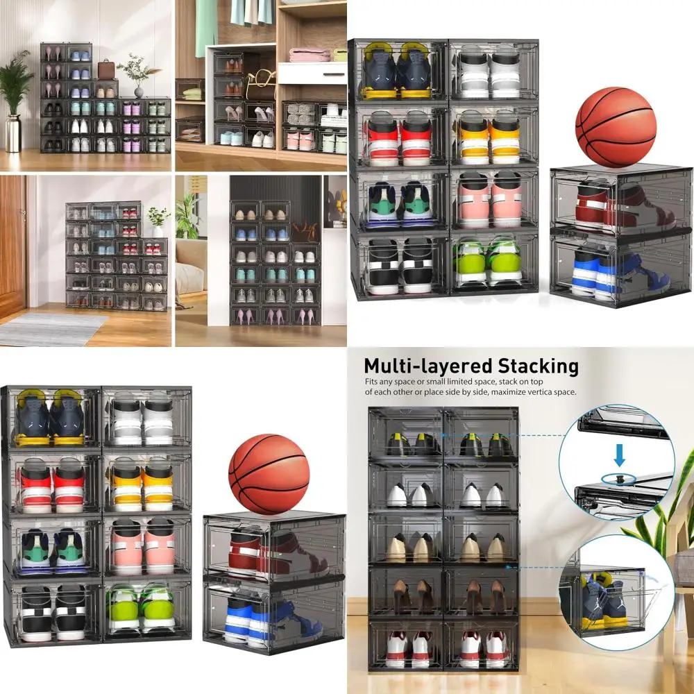 

XXL прозрачные пластиковые коробки для хранения обуви с крышками, штабелируемые, магнитные дверцы, серые