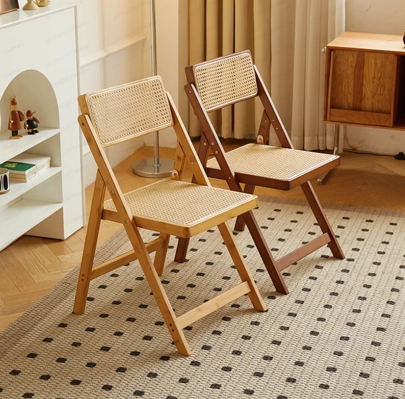 

Bamboo Foldable Stool Home with Back Rattan Dining Chair Portable Adult Outdoor Bench Living Room Furniture