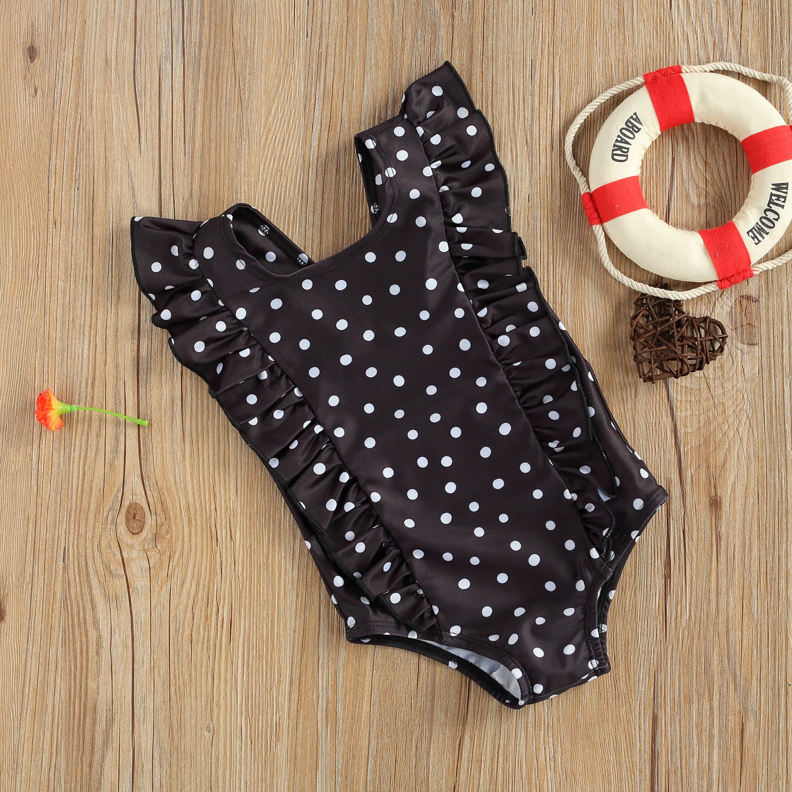 0-5T Little Girl  Breathable Swimsuit  Summer Children'S Fashionable Black/White Wave Dot Sleeveless Vacation Swimsuit