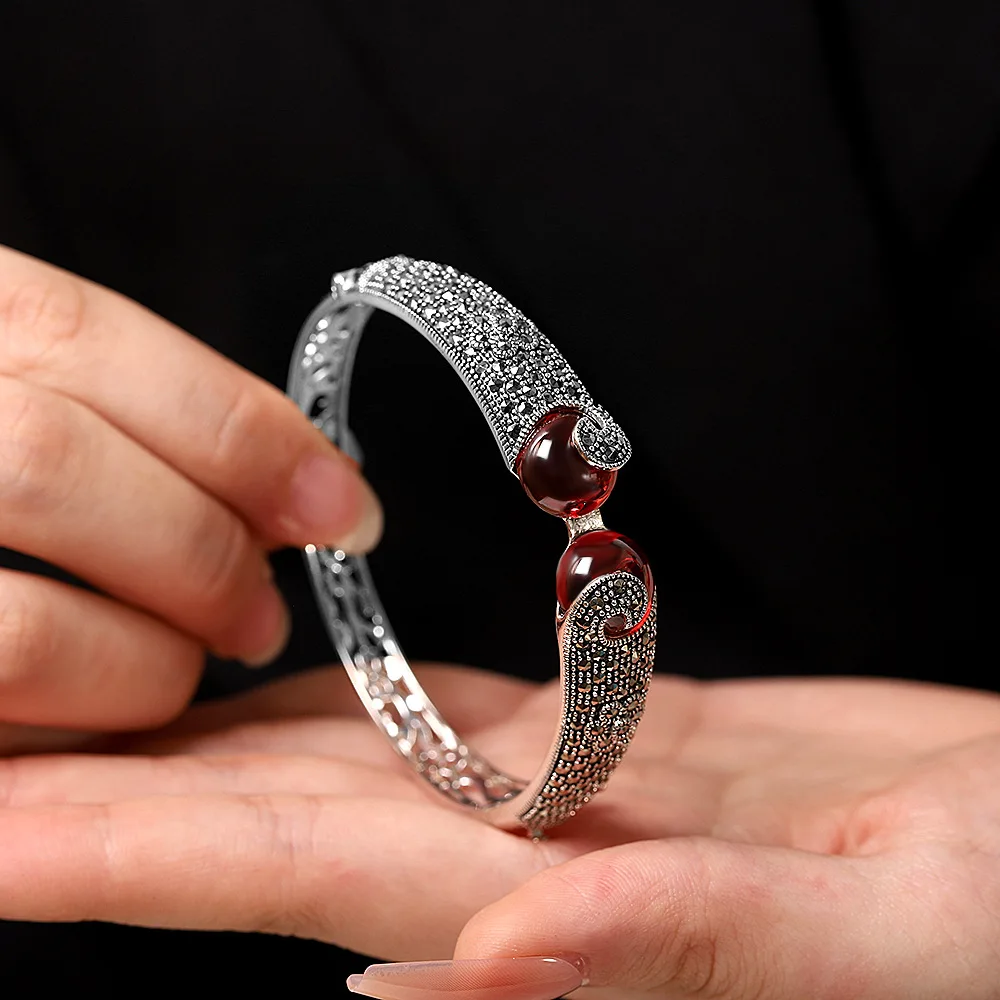 

Uglyless Ethnic Thai Silver Bangles Women Chalcedony Garnet Bangles Adjustable Real 925 Silver Marcasite Flower Vintage Jewelry