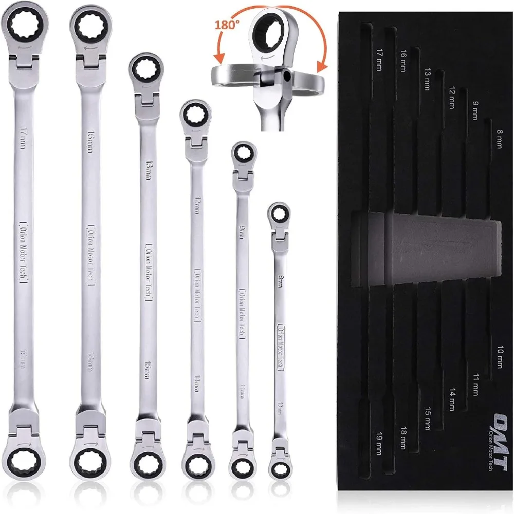 6-Piece Metric 8mm - 19mm Extra Long Gear Ratcheting Wrench Set XL Extended Handle with Flex Head,  6pcs & 12 Sizes