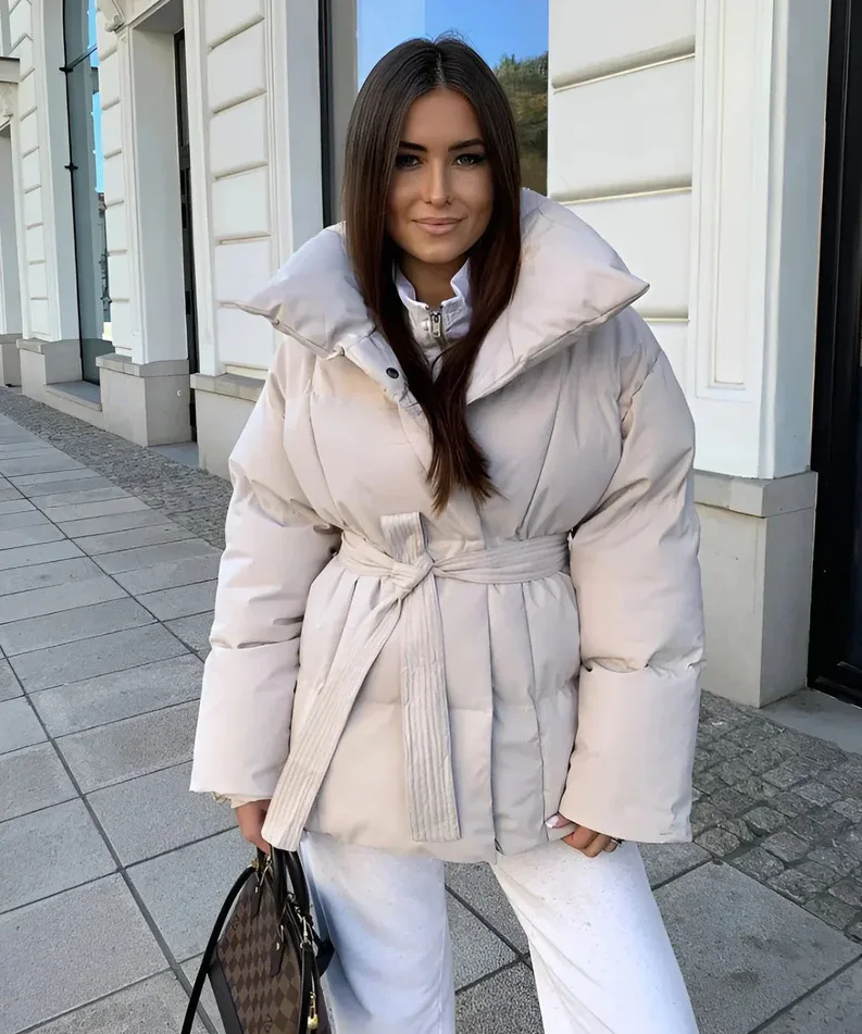 معطف نسائي منتفخ كبير بياقة طية صدر السترة وحزام الخصر متوسط الطول سترة شتوية دافئة موضة ملابس خارجية مبطنة فضفاضة