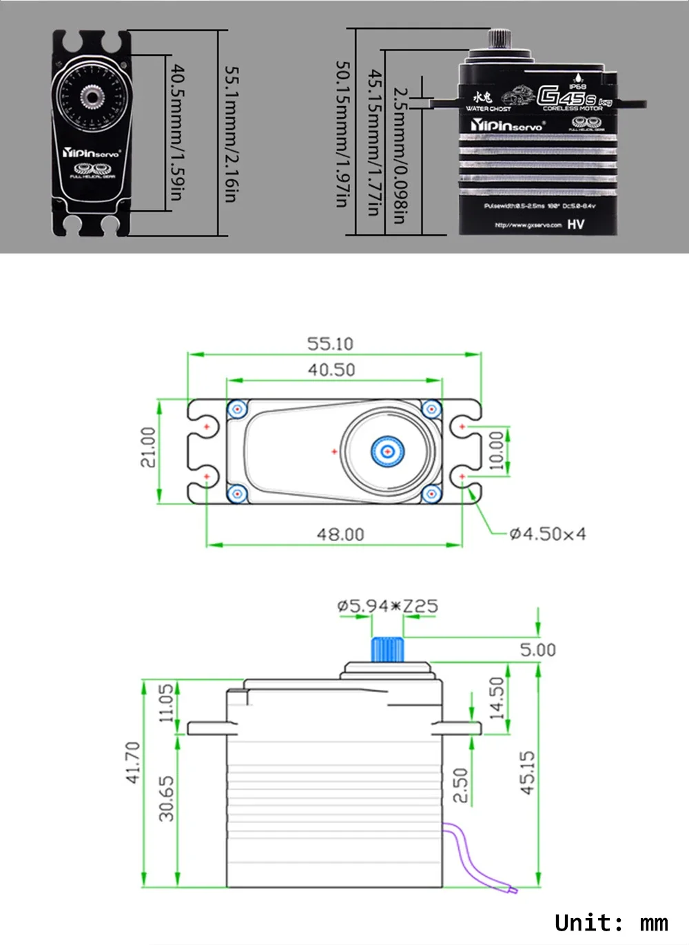 45 kg wasserdichter IP68 digitaler RC-Servo-Kernlosmotor, 180/270/360 Grad, hohes Drehmoment, RC-Modellauto, Roboterservos in Industriequalität