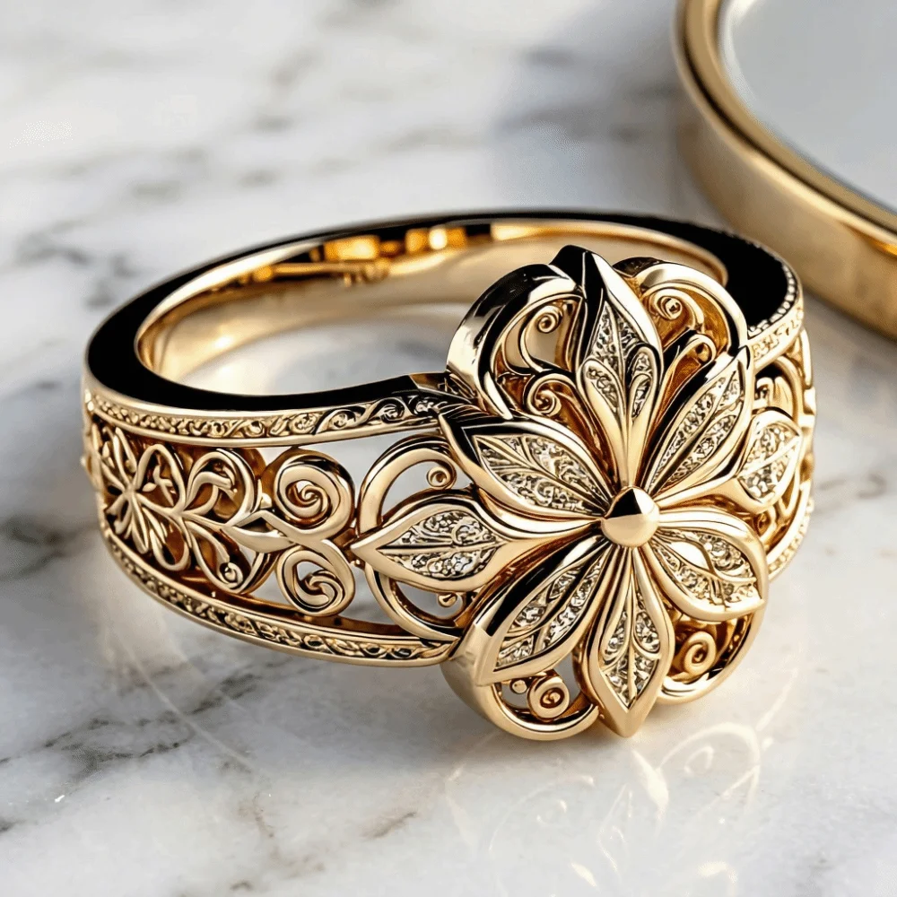 Fashion Elegant Hollow Carved Ring Light Luxury Exquisite Finger Jewelry Vintage Alloy Flower Ring Party