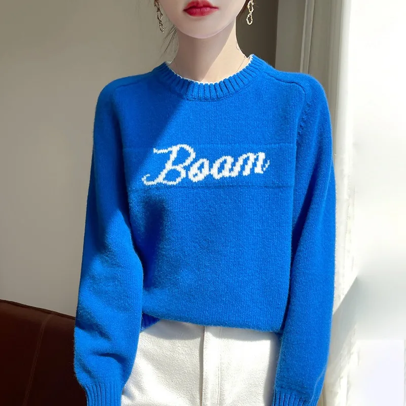 round Neck Women's Wool Double Strand Thickened Sweater Letter Embroidery Jacquard Design Loose Sweater Fashion