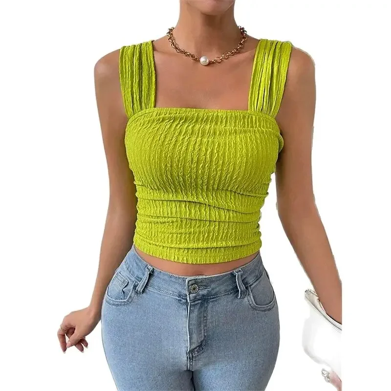 Women Solid Color Square Neck Pleated Vest Slim Fit Stretch Tank Tops Female Short Suspenders Tops Comfortable Casual Camis Tees