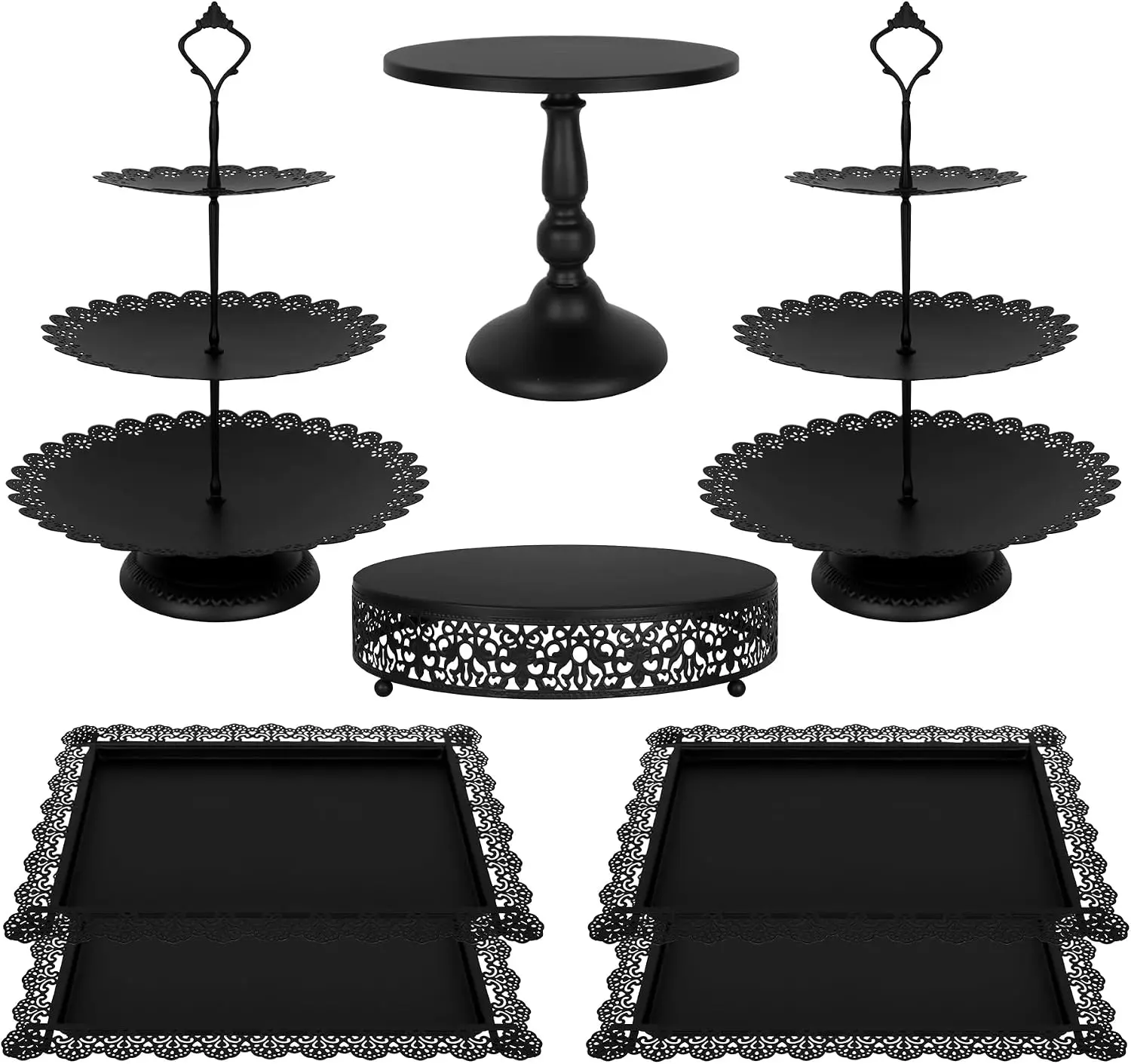 Black Metal Dessert Table Display Set 8 Pieces 3 Tier Cupcake Stand Lace Edge Cake Tower Rectangular Serving Trays For Wedding Birthday Baby Shower Party Celebration