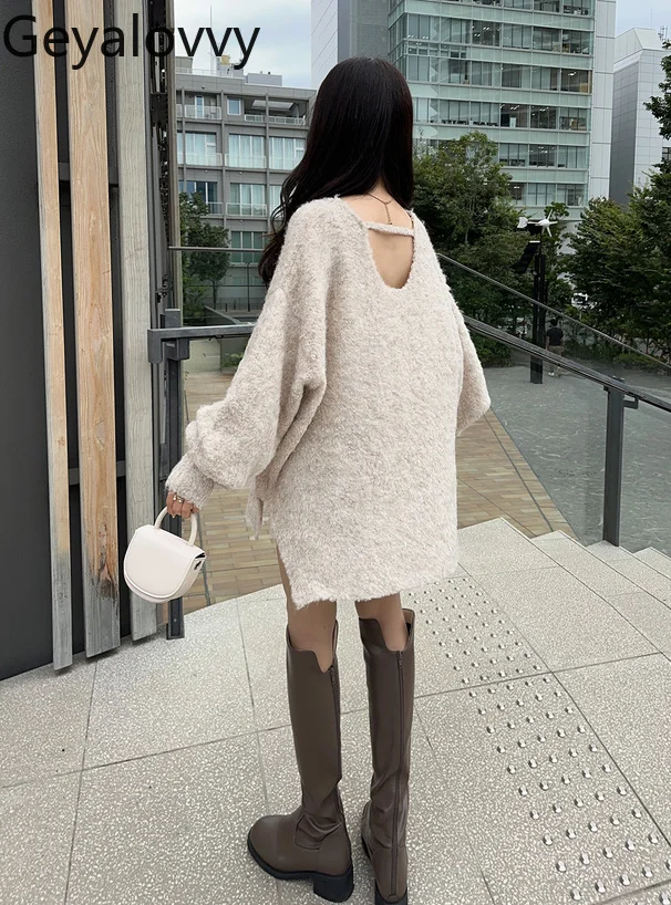 เสื้อสเวตเตอร์คอวี สไตล์ญี่ปุ่น สำหรับฤดูใบไม้ร่วงและฤดูหนาว เสื้อถักหลวมๆ แฟชั่น ขนปุยผสมขนสัตว์ เสื้อสวมหัวสำหรับผู้หญิง