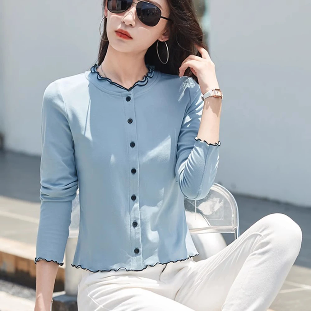 여성용 봄, 가을 새로운 스타일 플러스 사이즈 패셔너블 캐주얼 탑을 위한 한국어 버전 녹색 순면 긴팔 티셔츠