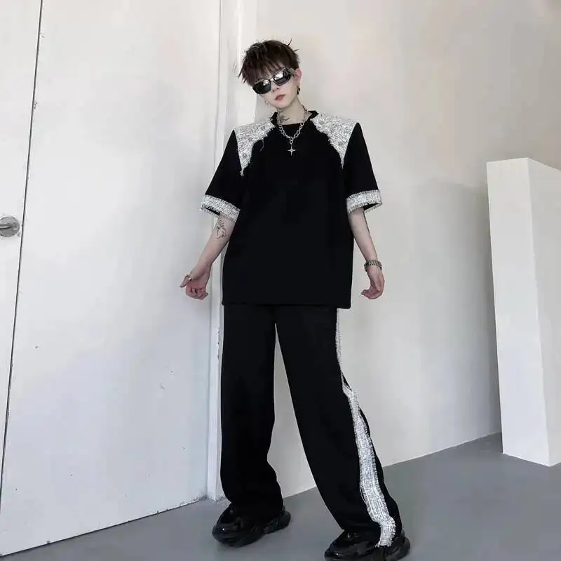 Ensemble deux pièces d'été pour hommes, T-Shirt à manches courtes et pantalon long ample à jambes larges, Design Patchwork en Tweed, ensembles décontractés OF7V