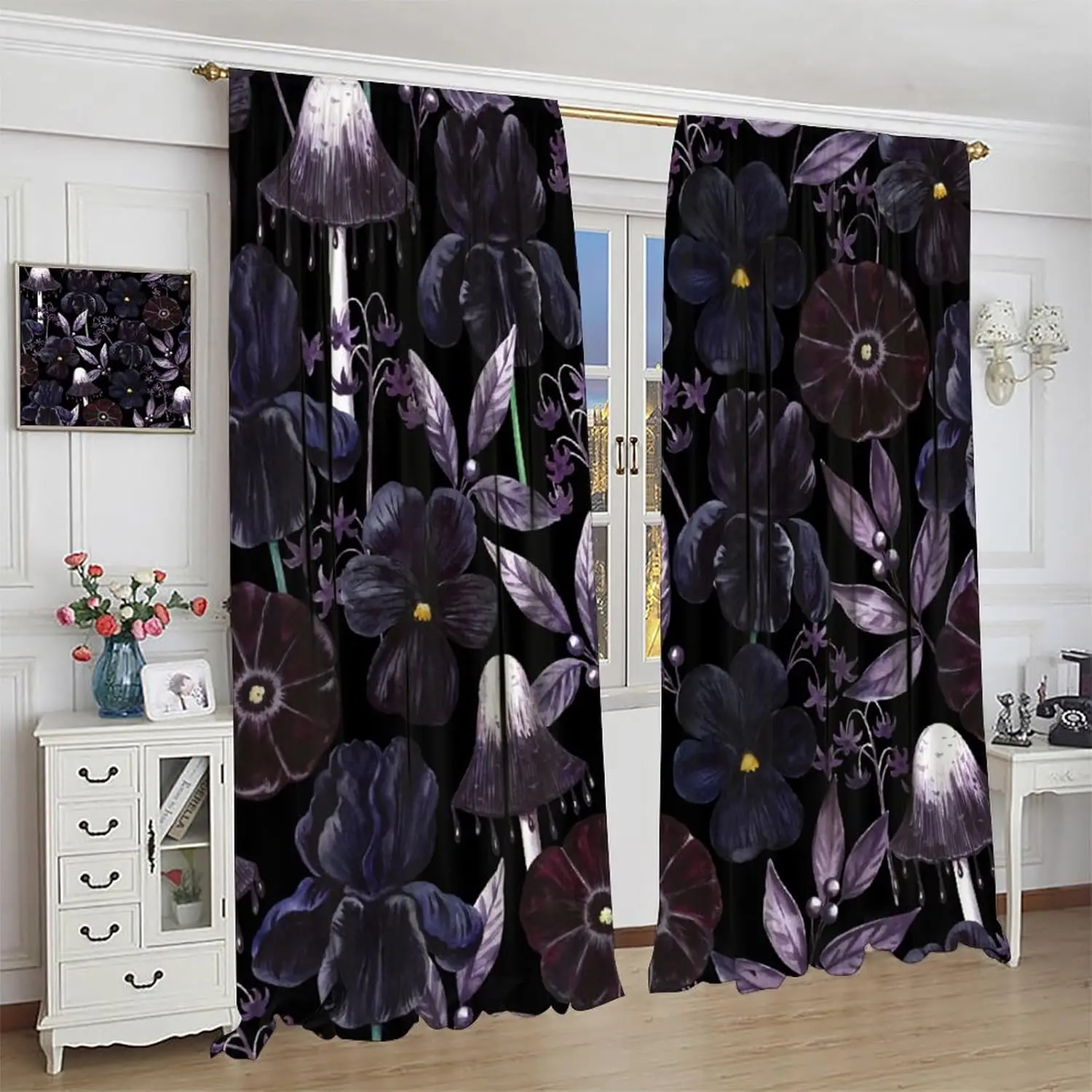Gothic Floral Curtains,Retro Bohemian Mushroom Plant Print Home Decor Drapes for Bedroom Living Room Kitchen Window Treatment