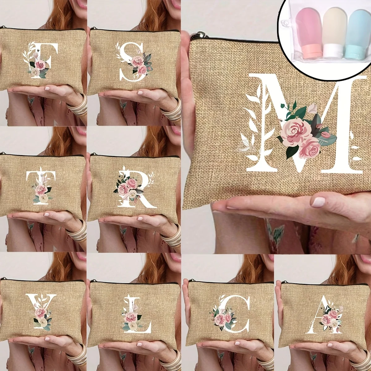 Letter A-Z Flower Print Cute Retro Simple Fashion Storage Bag Zipper Closure Pouch Portable Shopping Bag