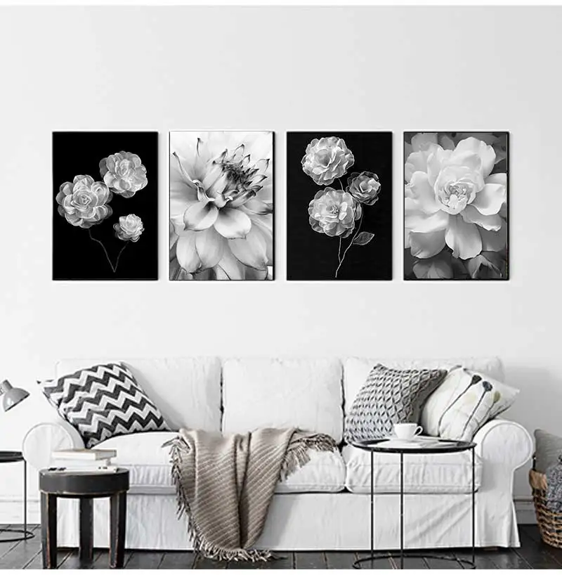 Black and white floral wall art canvas painting, Home Decor Poster, bedroom decoration, Nordic abstract flower photos