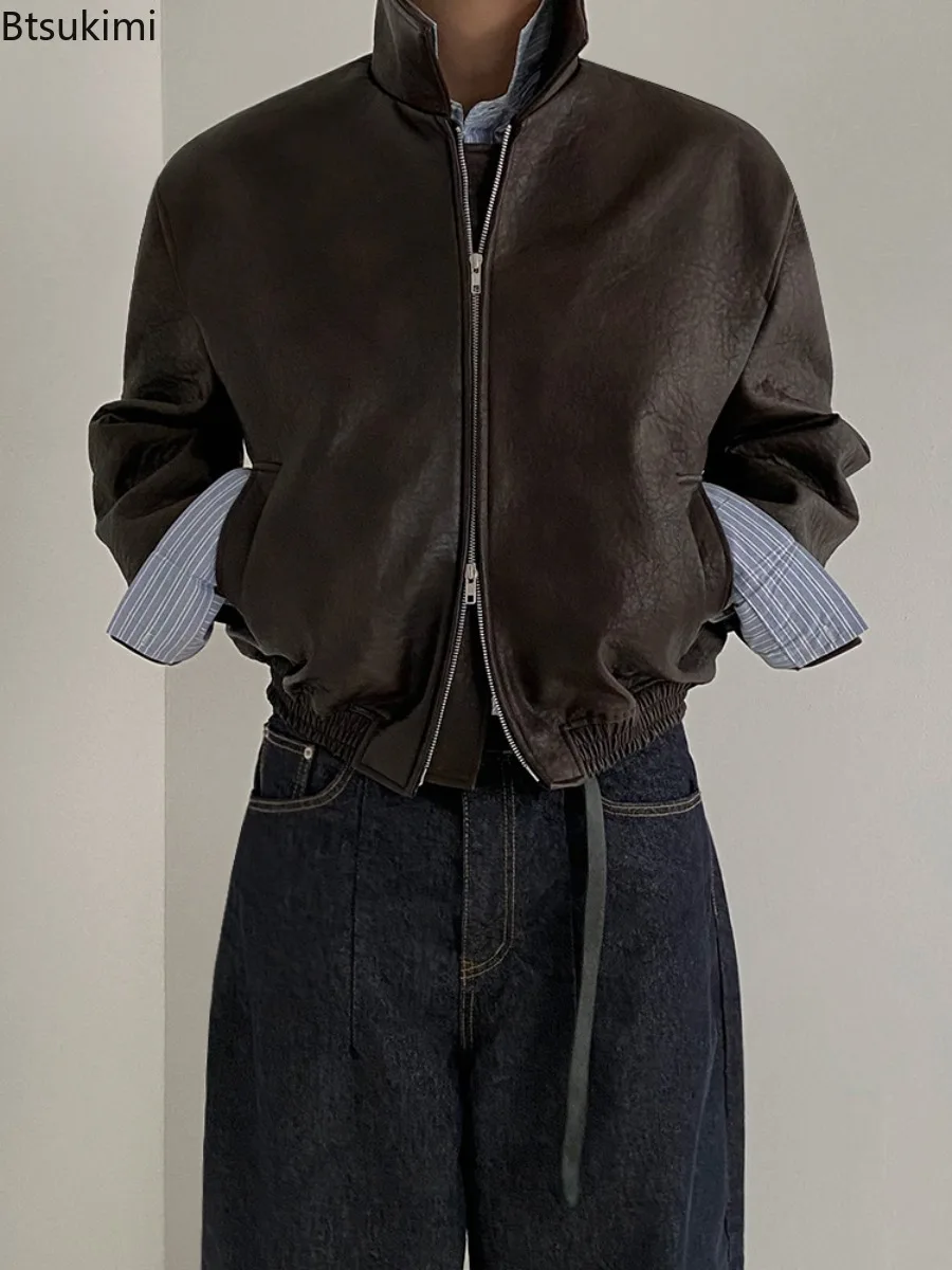 

PU Leather Short Jackets New Men's Spring Autumn Loose Turn-down Collar Coats Korean Style Trend Male Jacket Vintage Casual Tops