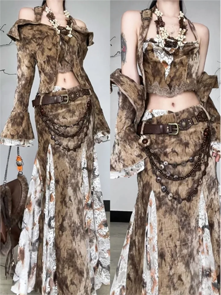 

One-shoulder coat halter top low-waisted fishtail long skirt