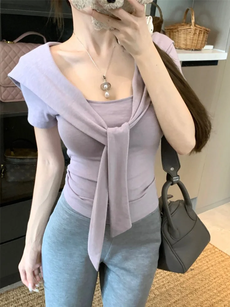 

Unique Design Fake Two-Piece Shoulder Wrap Short Sleeve T-Shirt Women's Summer Pure Desire Waist-Cut Square Collar Top