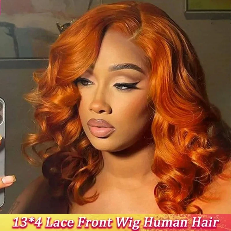 الزنجبيل البرتقالي قصير بوب شعر مستعار الجسم موجة 13x4 HD الدانتيل الشفاف الجبهة لينة ، ممتلئة ، لامعة 200% الكثافة الباروكات الشعر البشري 350 #