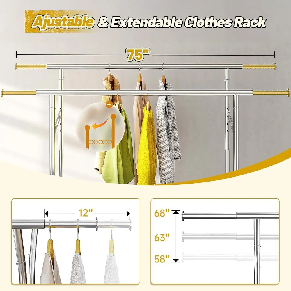Heavy-Duty Collapsible Wardrobe Organizer with 650LBS Capacity, Stainless Steel, Adjustable Height, Expandable Rod, 360° Lockabl