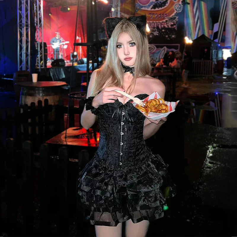 

Sexy Kitty Cosplay Corset Puffy Skirt Ear Halloween Costumes For Women Gothic Bride Dark Princess Medieval Vintage Party