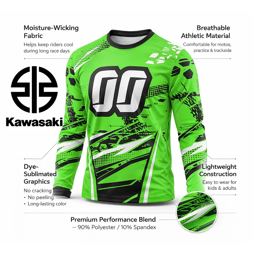 

2026 Summer Kawasaki Motocross Retro Breathable Quick Drying Cycling Suit Men Women Oversized Customization Long Sleeved Top