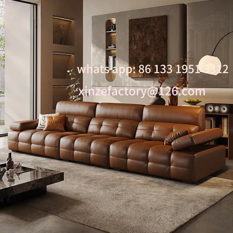 

Customizable leather sofa living room 2025 new straight row four-person semi-green leather sofa