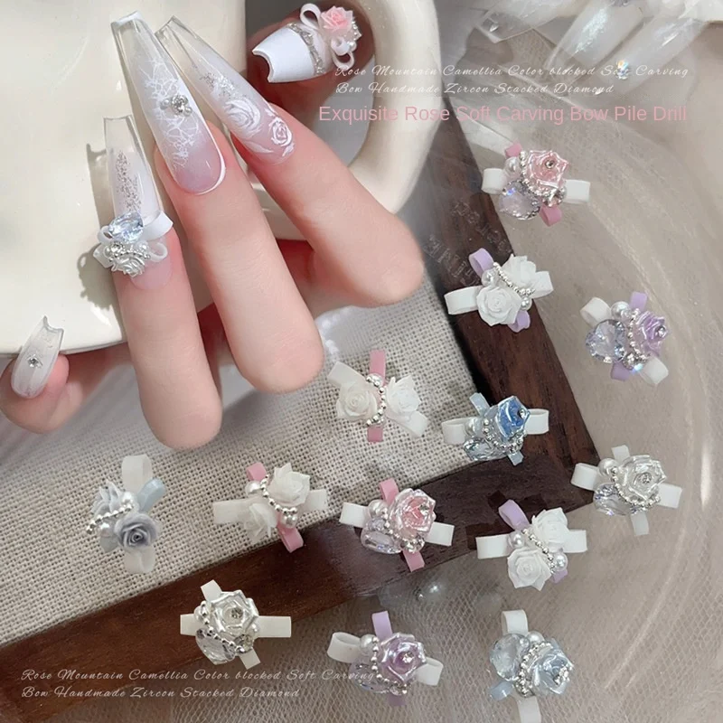 

5pcs Crystal Butterfly Bow Nail Charms - Hand-Stacked 3D Design with Cubic Zirconia, Pearls, Roses & Camellias