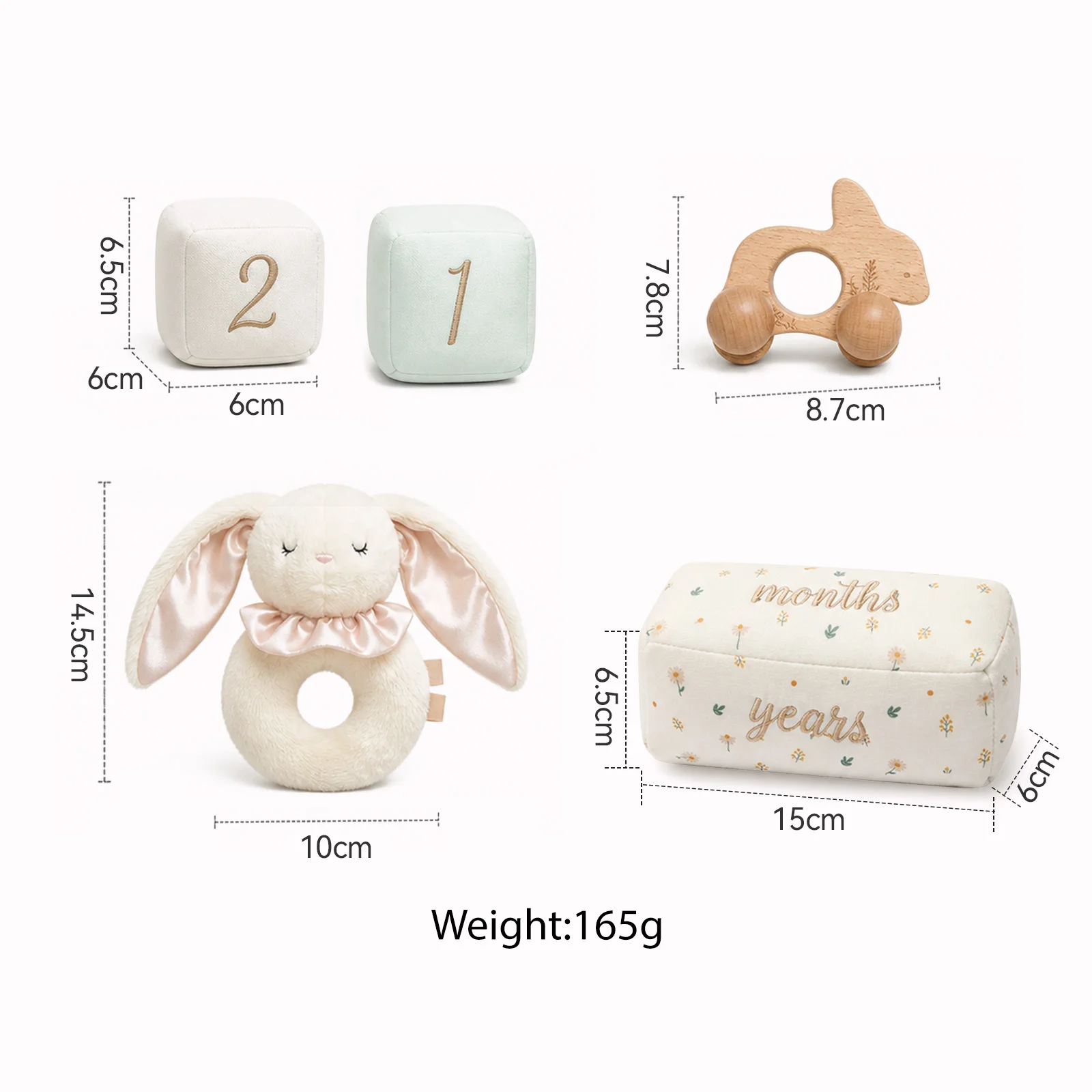 Montessori Baby Milestone Set - Bunny Rattle, Cotton Plush Ring Toy & Wooden Teether with Milestone Blocks for 0-12 Months Newbo