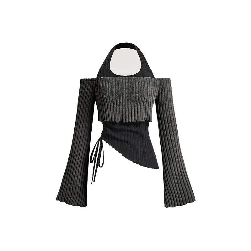 2025 가을 긴 소매 짧은 스플라이싱 레귤러 소매 봄 울 니트 셔츠 슬림핏 여성 니트 셔츠 패션