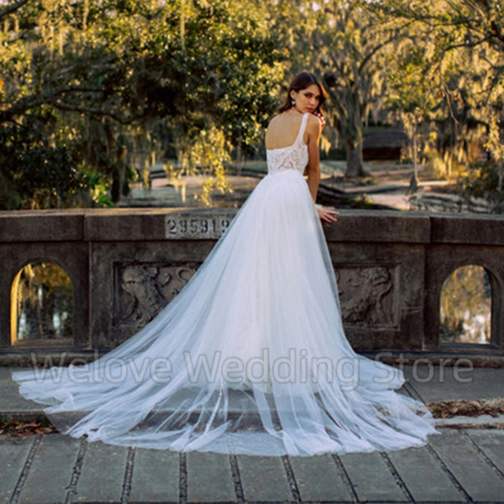 Boho Bridal Wedding Dress Sleeveless Sexy Open Back A-Line Lace and Tulle Floor Length Bride Seaside Marriage Gowns Robe