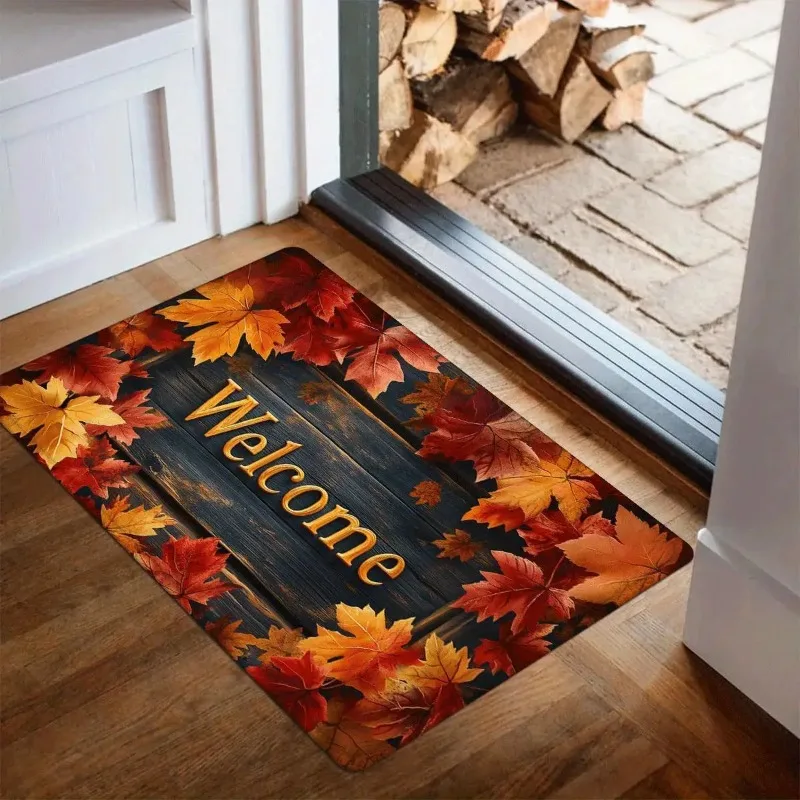 Welcome Maple Leaf Acorn Print Doormat Fall Harvest Indoor Entryway Floor Carpet Autumn Seasonal Area Rug for Home Decoration