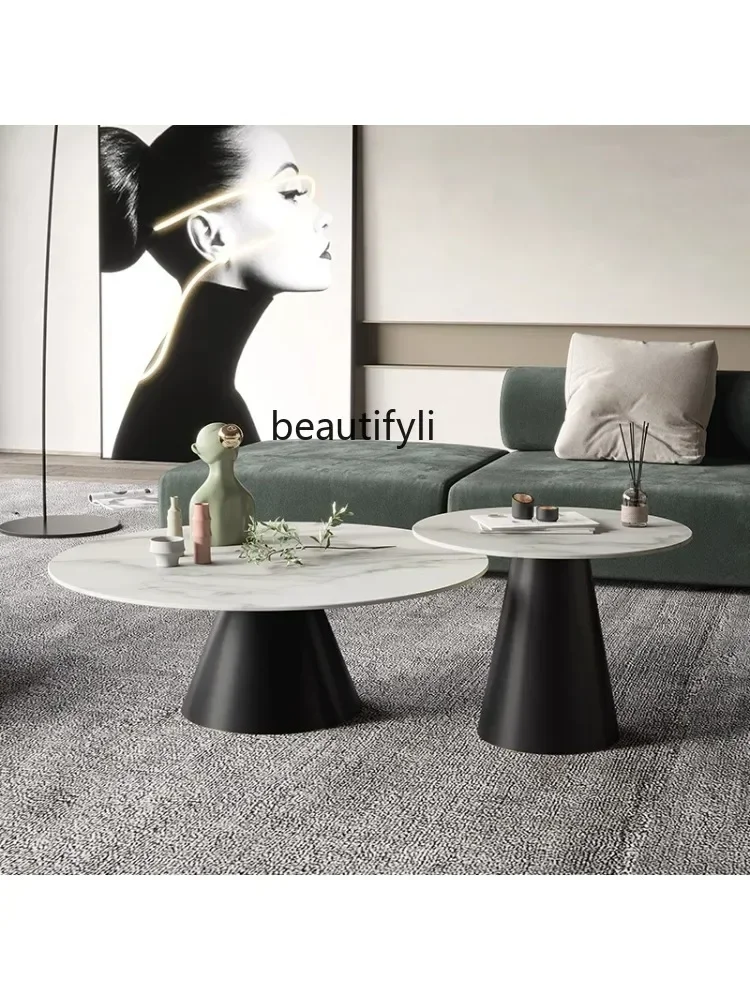 

02Light Luxury round Stone Plate Coffee Table Modern Minimalist Living Room Stainless Steel Metal Model Room Coffee Table