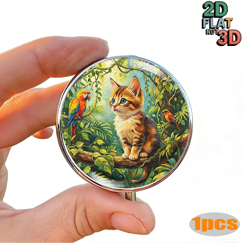 Mini Pill Box Featuring a Vivid Natural Scene of a Kitten and Parrot Coexisting, Creating a Jungle Vibe, Suitable for Decorating Jewelry, Earrings, and as a Multifunctional Metal Box   Gifts for Mother's Day, Weddings, Graduation Season, Independence Day, and Other Holidays