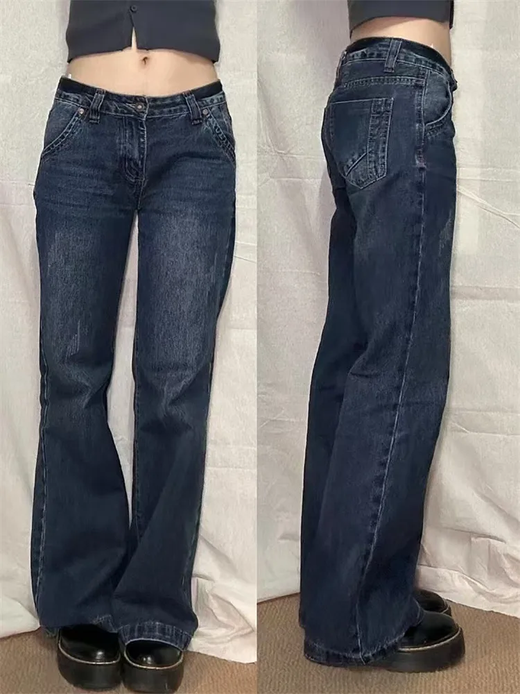 

American Retro Blue Low Waist Flared Jeans Women's Spring Loose Slimming Worn Long Taller Extended Floor-Length Pants