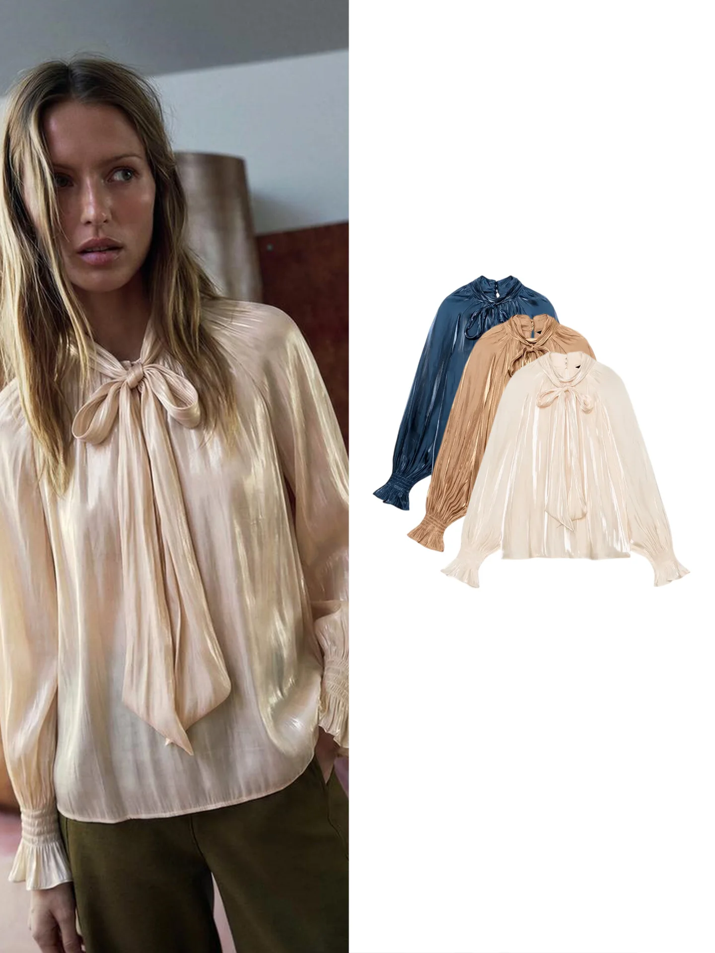 Fall New Arrival Women's Minimalist Long Sleeve Small Stand Collar Knot Decorated Silk Satin Feel Shirt