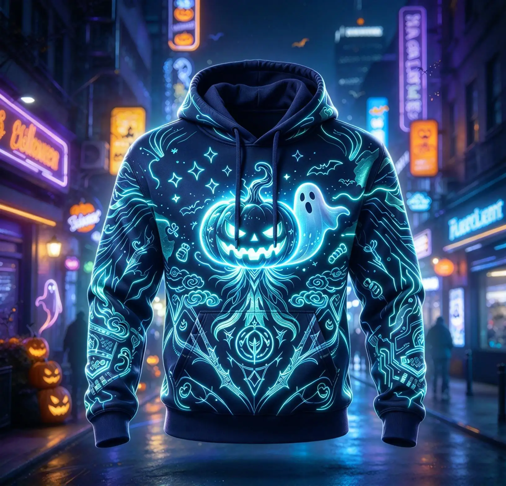 Mens Neon Jack O Lantern Ghost All Over Print Hoodie, Halloween Cyber City Sweatshirt, Fleece Lining Hooded Party Top