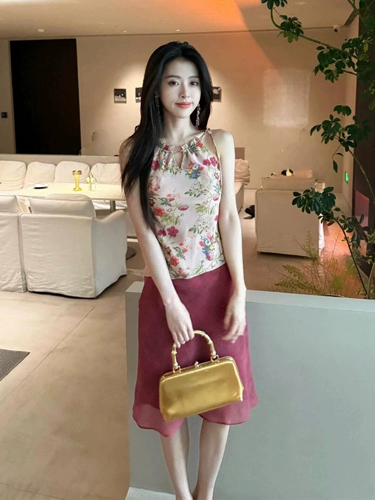 

XZY Retro Floral Print Halter Neck Sleeveless Top And Mesh Skirt Set Women's plus Size Summer Casual Fashion Ensemble