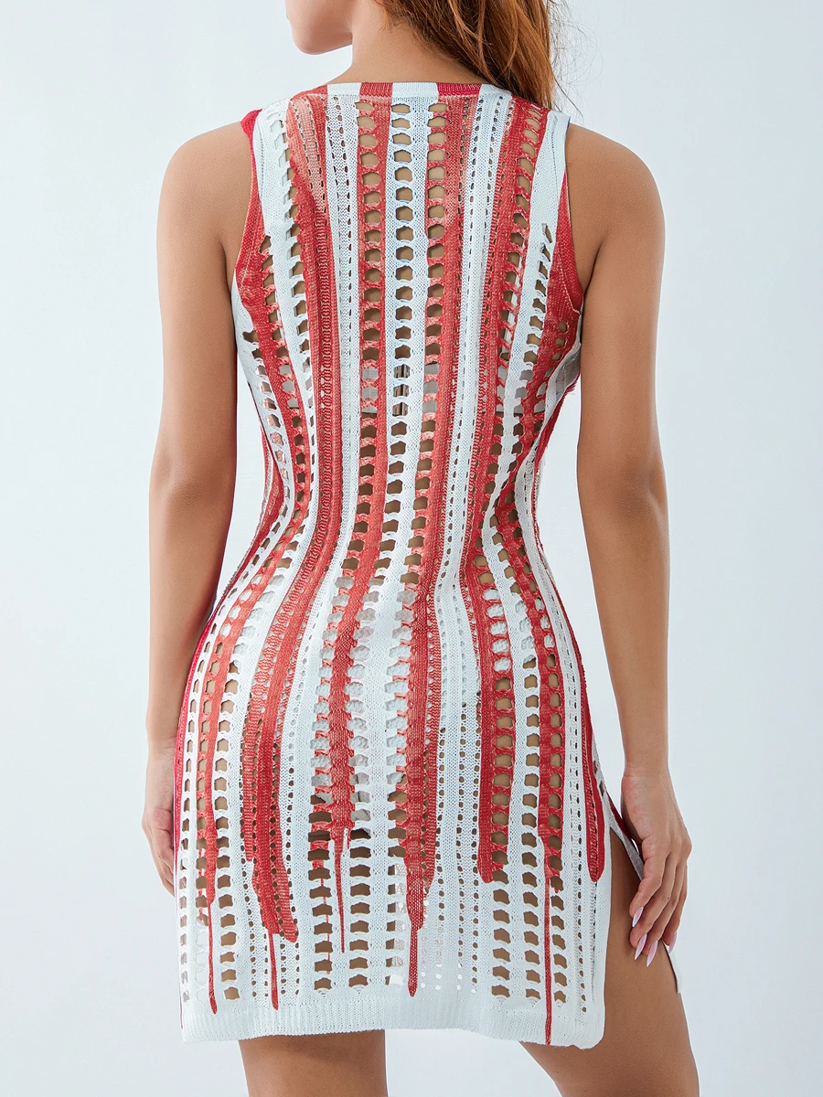 Abito copricostume da spiaggia in maglia da donna, senza maniche, con stampa a strisce di stelle, copricostume da bagno cavo