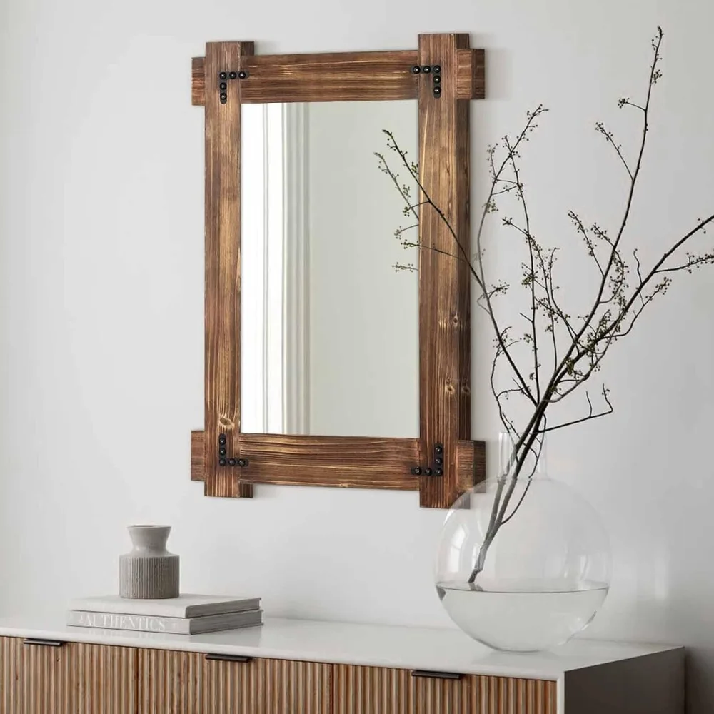 

Rustic Wood Mirror for Bathroom, Decorative Framed Farmhouse Natural Vanity Mirror, Wall Mounted Rectangular Mirror