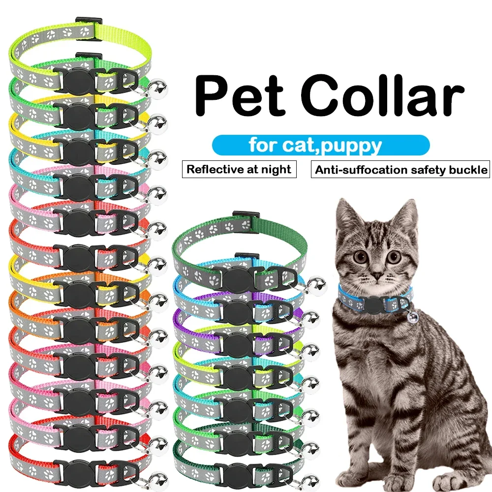 Reflective Pet Collar With Bell Cartoon Footprint Dog Puppy Cat Accessories Kitten Collar Adjustable Safety Bell Ring Necklace