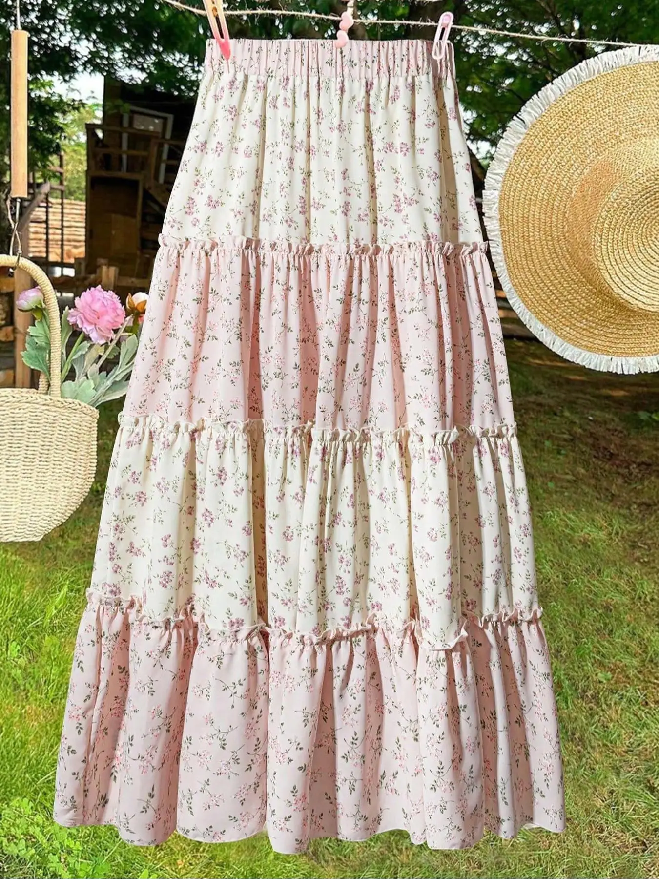 

【Plus Size】 Floral Print Ruffle Trim Tiered Layer Skirt, Boho Fashion Casual Hat Decor Long Skirt for Daily Holiday Vacation Wea