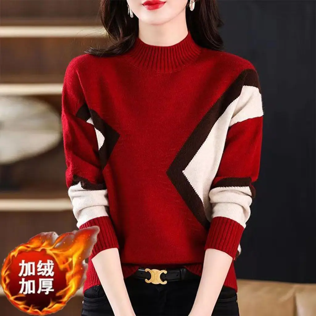 Velvet and Thickened Women\'s Top 2024 New Autumn/Winter Korean Edition Color Block Knitted Half High Neck Sweater