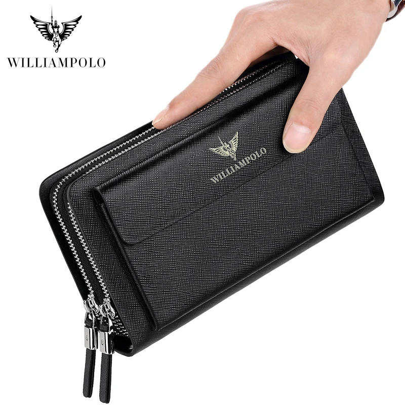 Hand bag male real cowhide handbag clip business simple zipper hand bag male hand grab bag long purse man WILLIAMPOLO