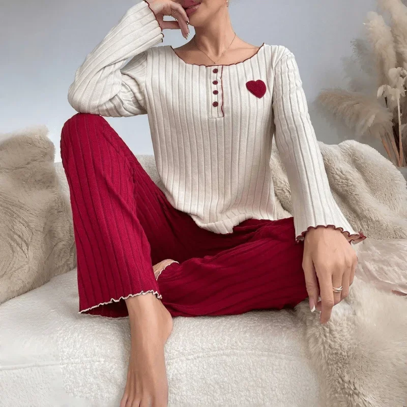Winter European and American Sleepwear Heart-Shaped Embroidered Long Sleeves and Pants Women's Solid Striped Pajamas Homwear