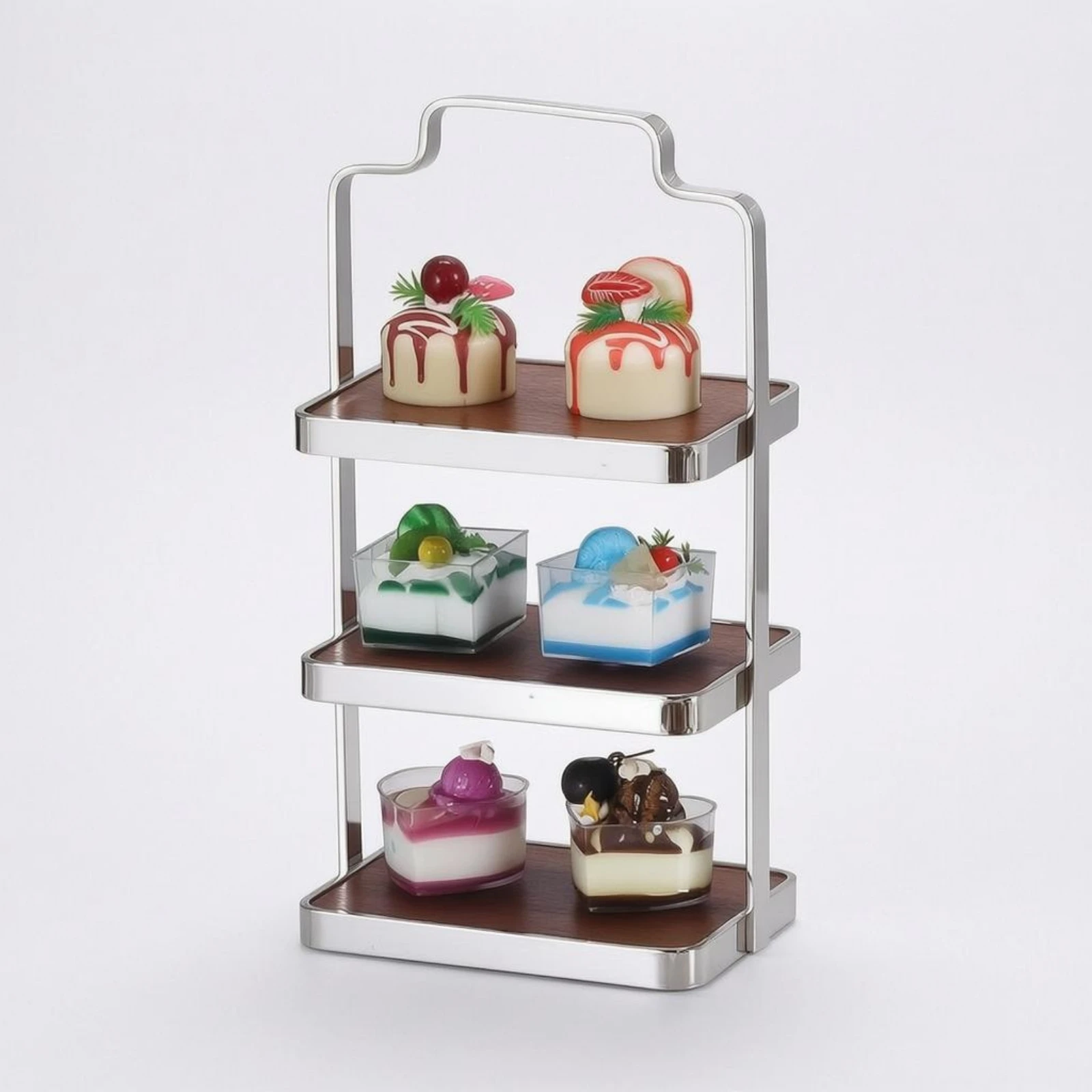 

Three-Tier Dessert Stand Polished Metal Wood-Tone Dessert Tray Stand Tiered Serving Tray Banquet-Style Tableware Polished Edges