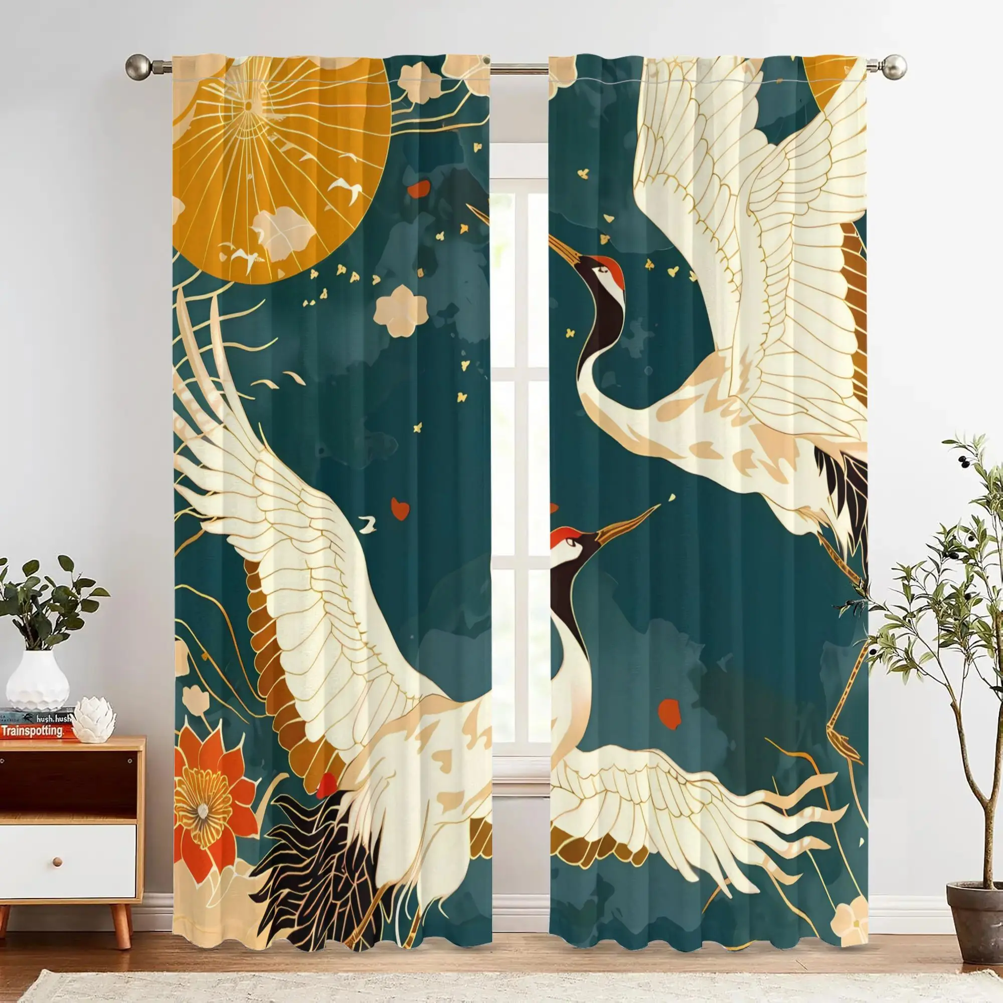 2pcs Vintage Chinese Art Xianhe Lianhua Curtains - Blackout, Rod Pocket, Matte Polyester Drapes with Cranes and Floral Design