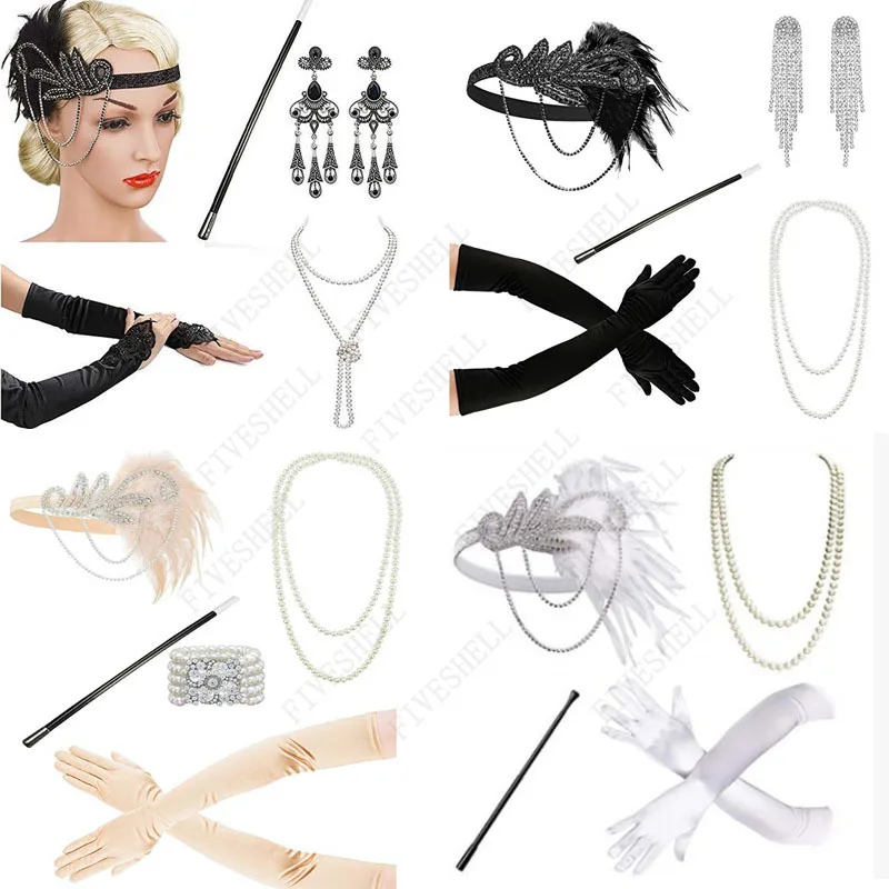 Women Flapper Props Halloween Charleston Cosplay 1920s Great Gatsby Accessories Pink Nude Headpiece Feather Headband Fro Party